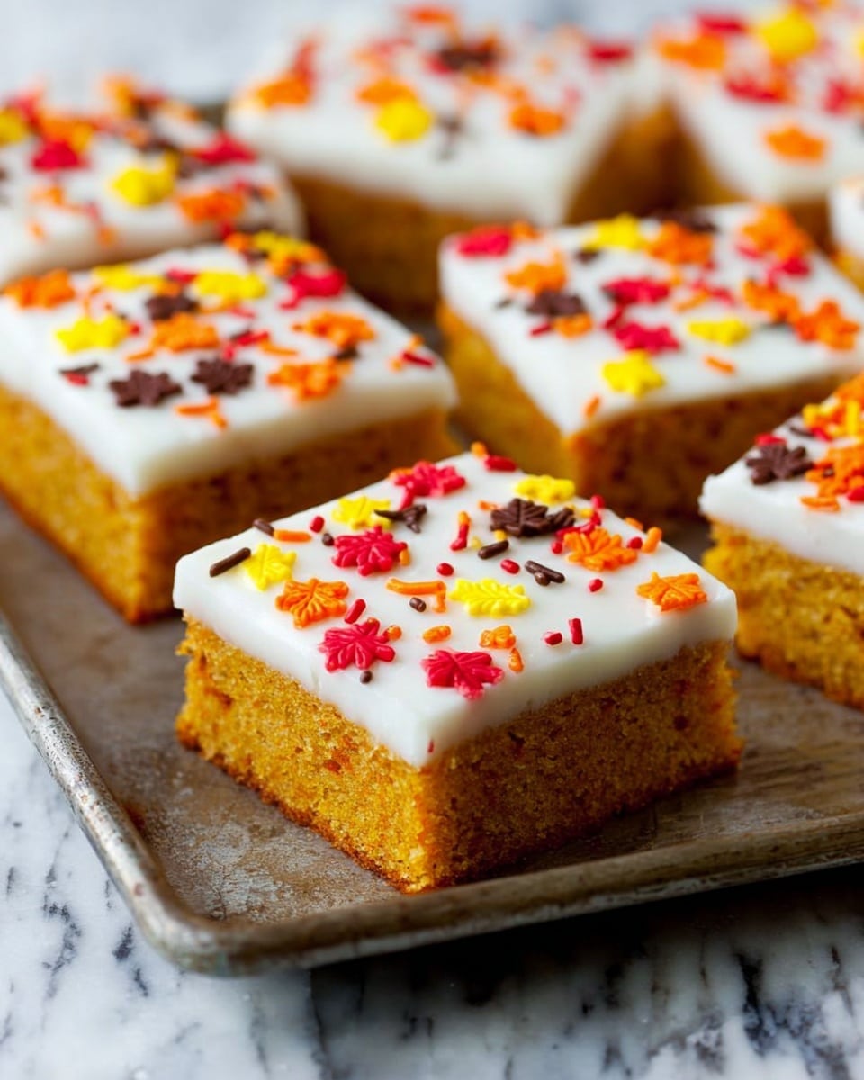 The image shows several square-shaped dessert bars placed on a metal tray. Each bar has two clear layers: the bottom layer is a thick, moist-looking, orange-brown cake with a soft texture, and the top layer is a smooth, white frosting spread evenly. The frosting is decorated with small, colorful leaf-shaped sprinkles in red, yellow, orange, and brown, scattered across each piece. The background features a white marbled texture surface. Photo taken with an iphone --ar 4:5 --v 7