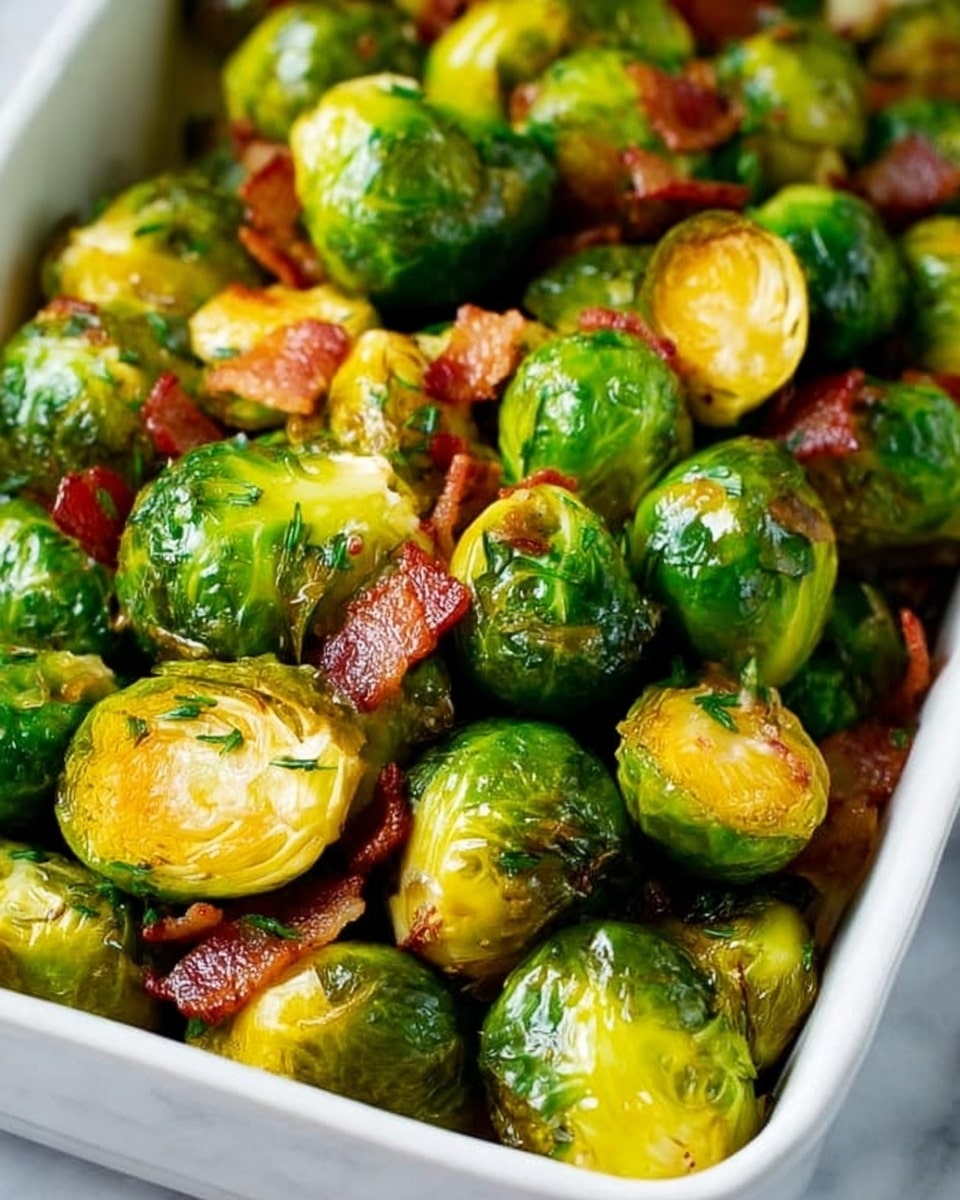 A close-up shot of a white rectangular dish filled with roasted Brussels sprouts, some whole and some sliced in half, showing their light green and yellow inner layers. Scattered among the Brussels sprouts are small pieces of cooked bacon with a reddish-brown color. The Brussels sprouts have a shiny, slightly crispy texture, and the bacon adds a crunchy contrast. The background surface is a white marbled texture. photo taken with an iphone --ar 4:5 --v 7