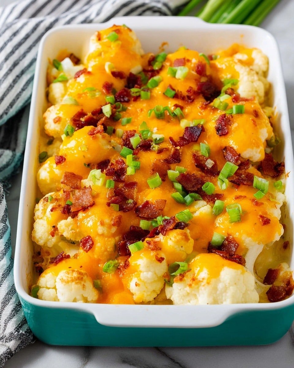 The image shows a white rectangular baking dish filled with a cauliflower casserole layered in three main parts: the bottom layer is cauliflower florets with a slightly browned texture, the middle layer is melted cheddar cheese covering the cauliflower evenly with a rich orange-yellow color, and the top layer consists of small crispy bacon bits and finely chopped green onions scattered across. The dish sits on a white marbled surface with a blurred striped cloth partially in the background. Photo taken with an iphone --ar 4:5 --v 7