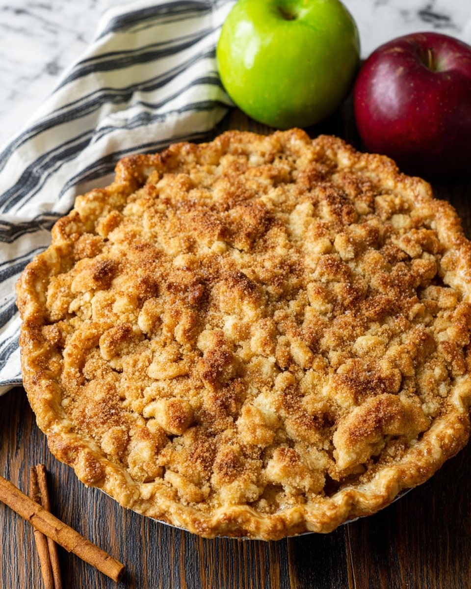A round apple crumble pie sits on a dark wood surface with a crumbly, golden-brown topping that shows uneven clusters of baked dough and sugar, creating a crunchy texture; the pie’s edges are crimped and appear slightly lighter in color, indicating a baked crust that holds the pie together. Behind the pie, two whole apples—one bright green and one deep red—add color contrast, along with a white cloth with navy stripes casually folded nearby. There are a few cinnamon sticks placed on the lower left side of the image, hinting at the spice flavor inside the pie. The background is a white marbled texture. Photo taken with an iphone --ar 4:5 --v 7