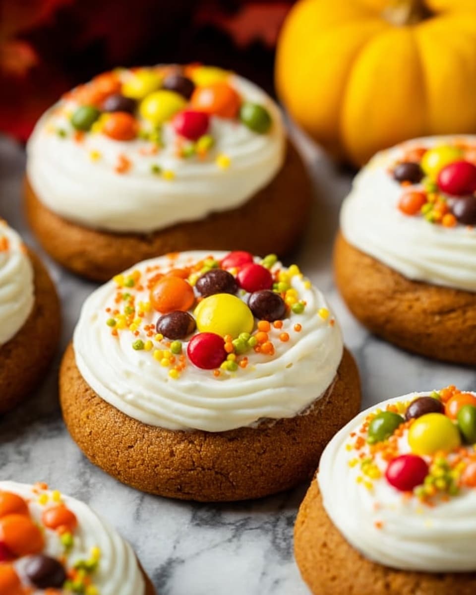 The image shows several round ginger cookies with two layers. The bottom layer is a thick, brown cookie with a soft texture. The top layer is a thick, swirled white cream spread evenly on each cookie, decorated with small round candy balls in bright colors like red, yellow, orange, green, and brown scattered on top. The cookies sit on a surface with a white marbled texture, and there is a yellow small pumpkin in the background. The photo looks warm and cozy with soft lighting. Photo taken with an iphone --ar 4:5 --v 7