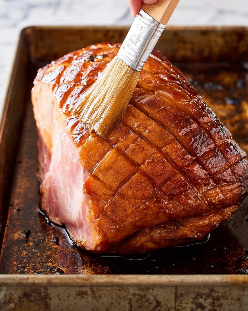 A large piece of cooked ham with a shiny, brown glazed surface sits in a worn metal tray. The top layer is textured with crisscross scoring and has a rich amber color with glossy highlights from the glaze. A wooden brush with a light-colored handle is gently applying the glaze, held by a woman's hand. The ham has smooth pinkish meat underneath the browned glaze, and the tray shows signs of use with dark spots and baked-on marks. The background is a white marbled texture photo taken with an iphone --ar 4:5 --v 7