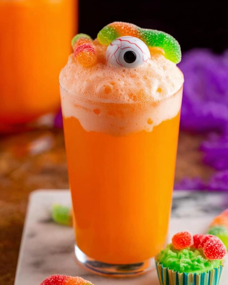 The image shows a tall clear glass filled with a bright orange foamy drink that has a thick light orange foam layer on top. The drink is decorated with a round candy shaped like an eyeball resting on the foam near the rim. Additionally, there is a green gummy worm partially inside a small green cupcake liner on one side and several small green and red gummy candies placed on the foam near the center. The glass is on a white marbled surface with extra gummy worms scattered around and a blurred background with orange and purple colors. Photo taken with an iphone --ar 4:5 --v 7
