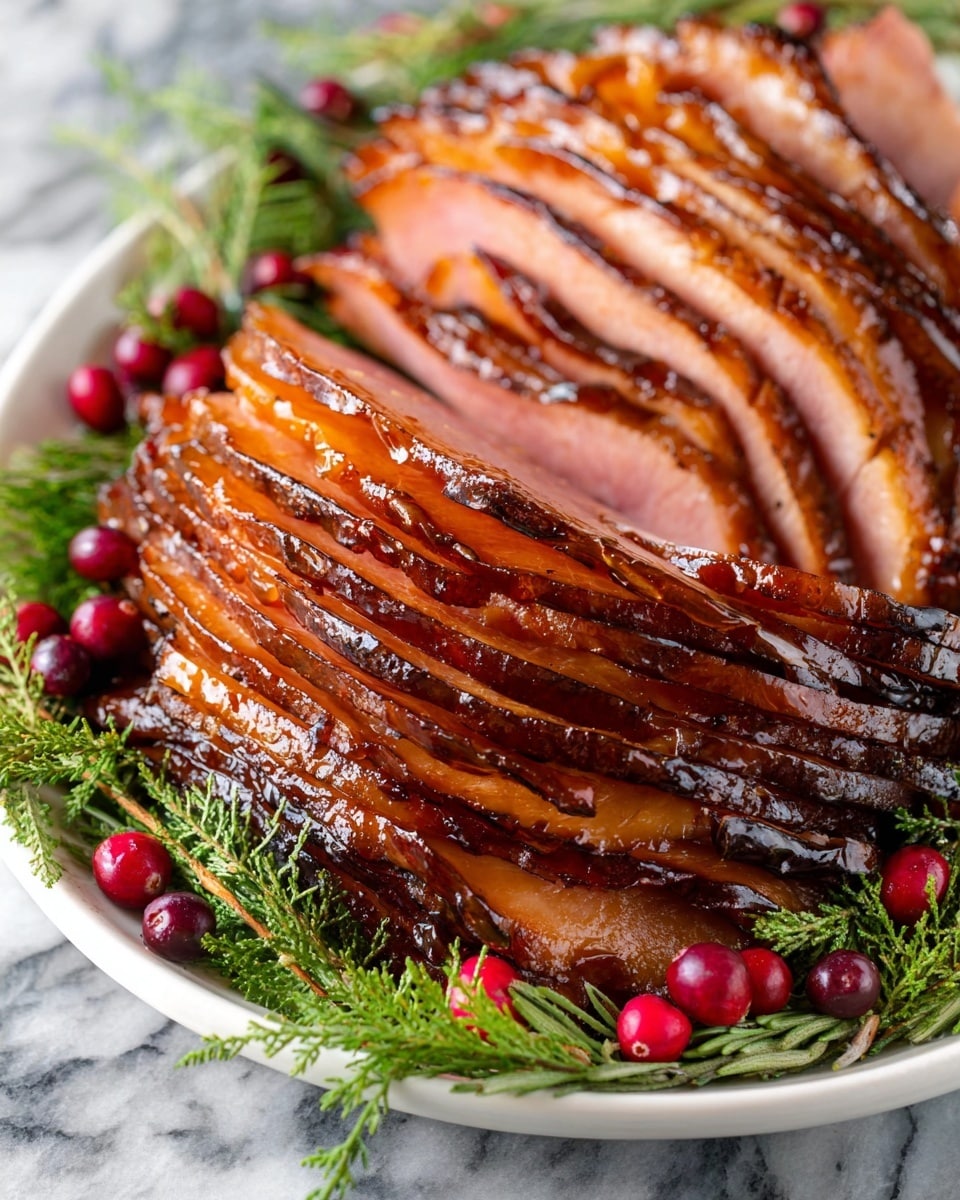 A white plate filled with two large stacked rows of sliced glazed ham, each slice showing a shiny, caramelized brown crust with a smooth pink inside. Around the ham, bright red cranberries are placed, adding a pop of color. The plate is decorated with green sprigs of herbs, such as pine and rosemary, creating a fresh and festive look. The white marbled background highlights the colors and textures of the food. photo taken with an iphone --ar 4:5 --v 7
