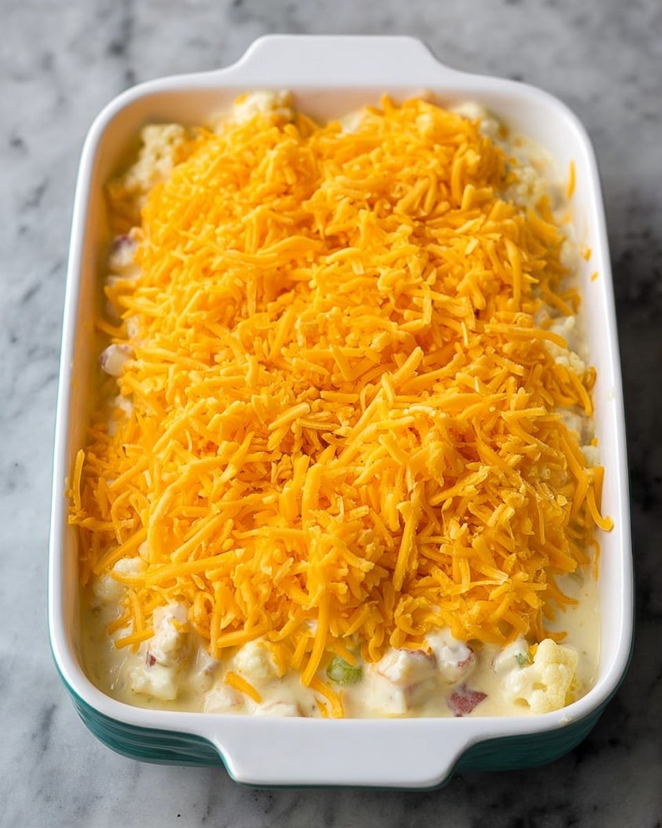The image shows a white rectangular baking dish with a thick layer of shredded orange cheese covering the top. Underneath the cheese layer, a creamy white sauce mixed with small chunks of pale ingredients is visible around the edges. The dish is placed on a white marbled surface. photo taken with an iphone --ar 4:5 --v 7