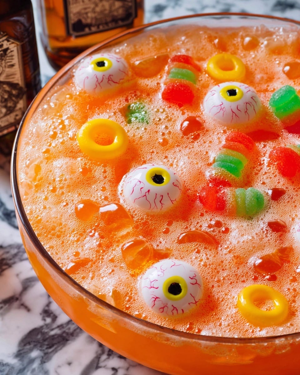 A large clear glass bowl filled with a frothy, bright orange punch that has a bubbly texture on the surface. Floating on top are several plastic eyeball decorations with white sclera, red veins, yellow irises, and black pupils. Mixed in are gummy worms in green and red colors that hang slightly over the bowl’s edge, and a few gummy rings with small yellow jelly candies inside them. The background shows a white marbled surface and two blurry bottles. Photo taken with an iphone --ar 4:5 --v 7