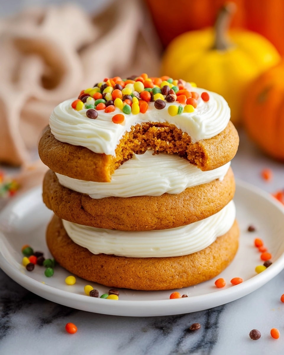 A stack of three thick, soft orange-brown cookies is shown on a white plate placed on a white marbled surface. Each cookie is separated by a layer of smooth white cream, piped in a spiral pattern. The top cookie has a bite taken out, revealing its soft texture inside. The cream on the top cookie is decorated with small, round, colorful candy sprinkles in red, yellow, green, orange, and brown. A few sprinkles are scattered on the plate and surface around the stack. In the blurred background, there are some small yellow and orange pumpkins and a cloth with soft folds. Photo taken with an iphone --ar 4:5 --v 7